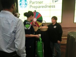 employees stand in front of a spinning wheel and have to answer quiz questions about the topics written on the wheel